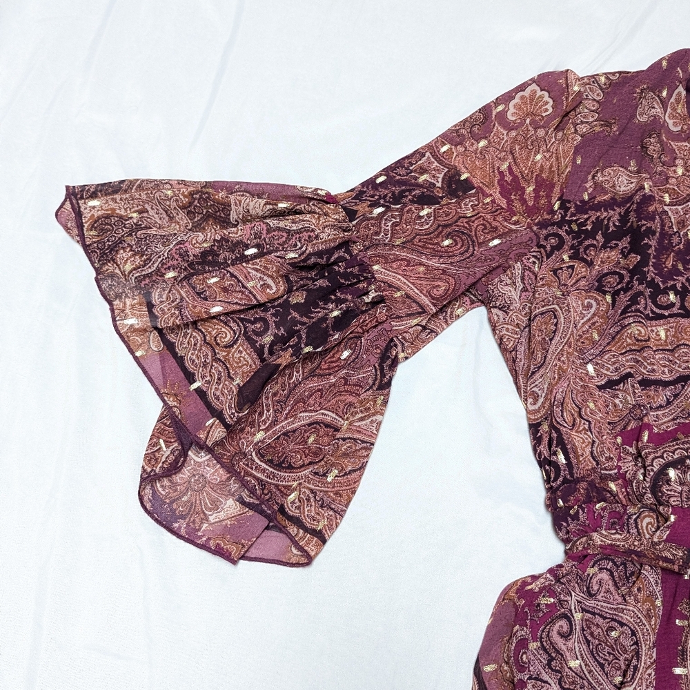 Parker & Rowe Burgandy Paisley Boho Hippie Peasant Bell Sleeve Maxi Dress Large - Picture 3 of 11